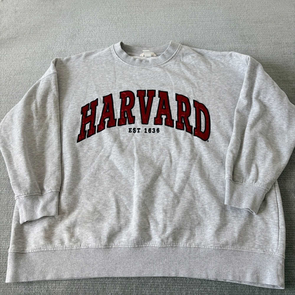H&M Harvard Sweater Crew Neck L Gray Logo Oversized Preppy Ivy Collegiate